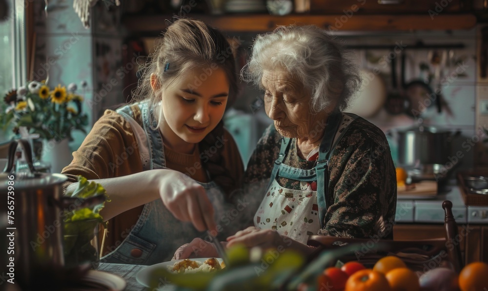 Young woman and her elderly grandmother are cooking together in the kitchen, their faces shining with joy and love