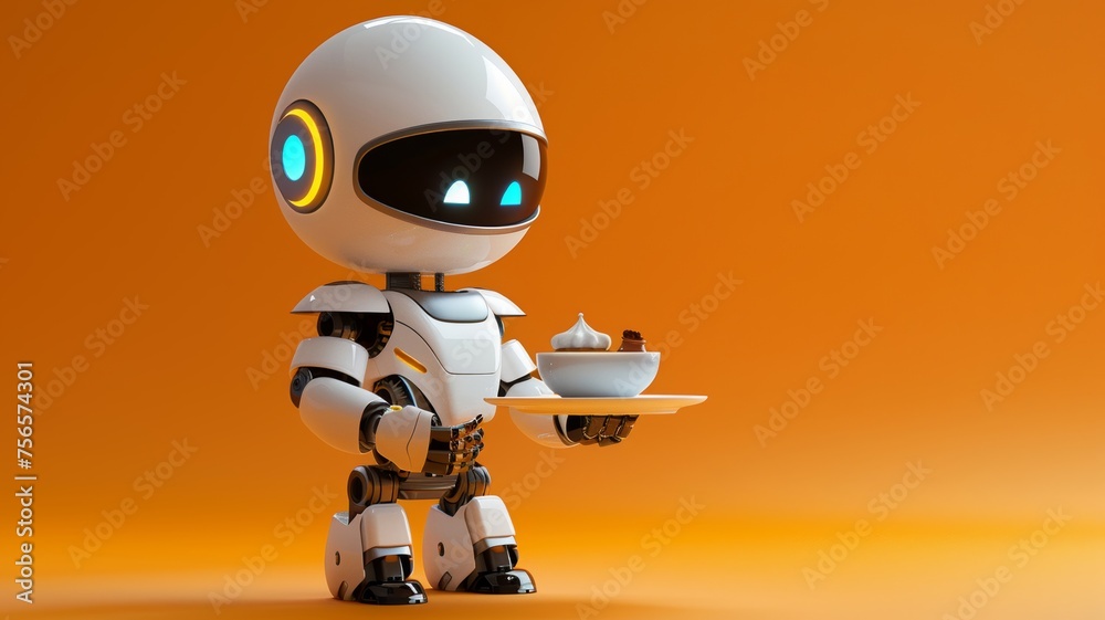 Futuristic robot serving dessert symbolizing hospitality and automation