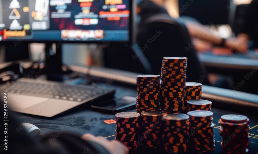 Virtual poker table with high racks of chips Virtual poker table with high racks of chips