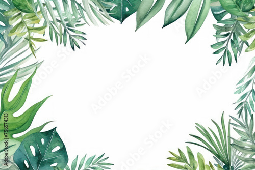 Watercolor tropical leaves frame on white background. Hand painted illustration.