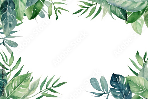Watercolor tropical leaves frame on white background. Hand drawn illustration.