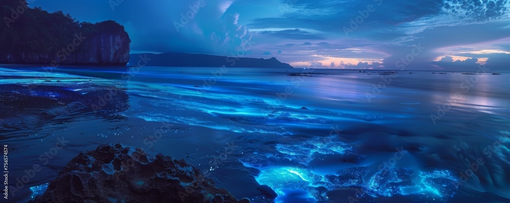 A beach with tide pools that glow with bioluminescent creatures at night - obrazy, fototapety, plakaty 