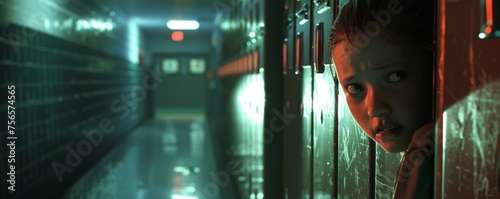 A 3D scene showing a childs frightened face peeking from behind a slightly ajar locker door looking directly at the camera photo