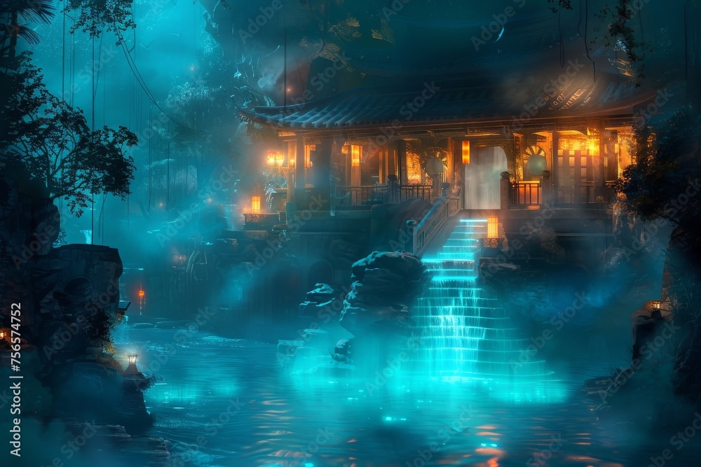 A dreamlike illustration of a magical forest with glowing mushroom houses