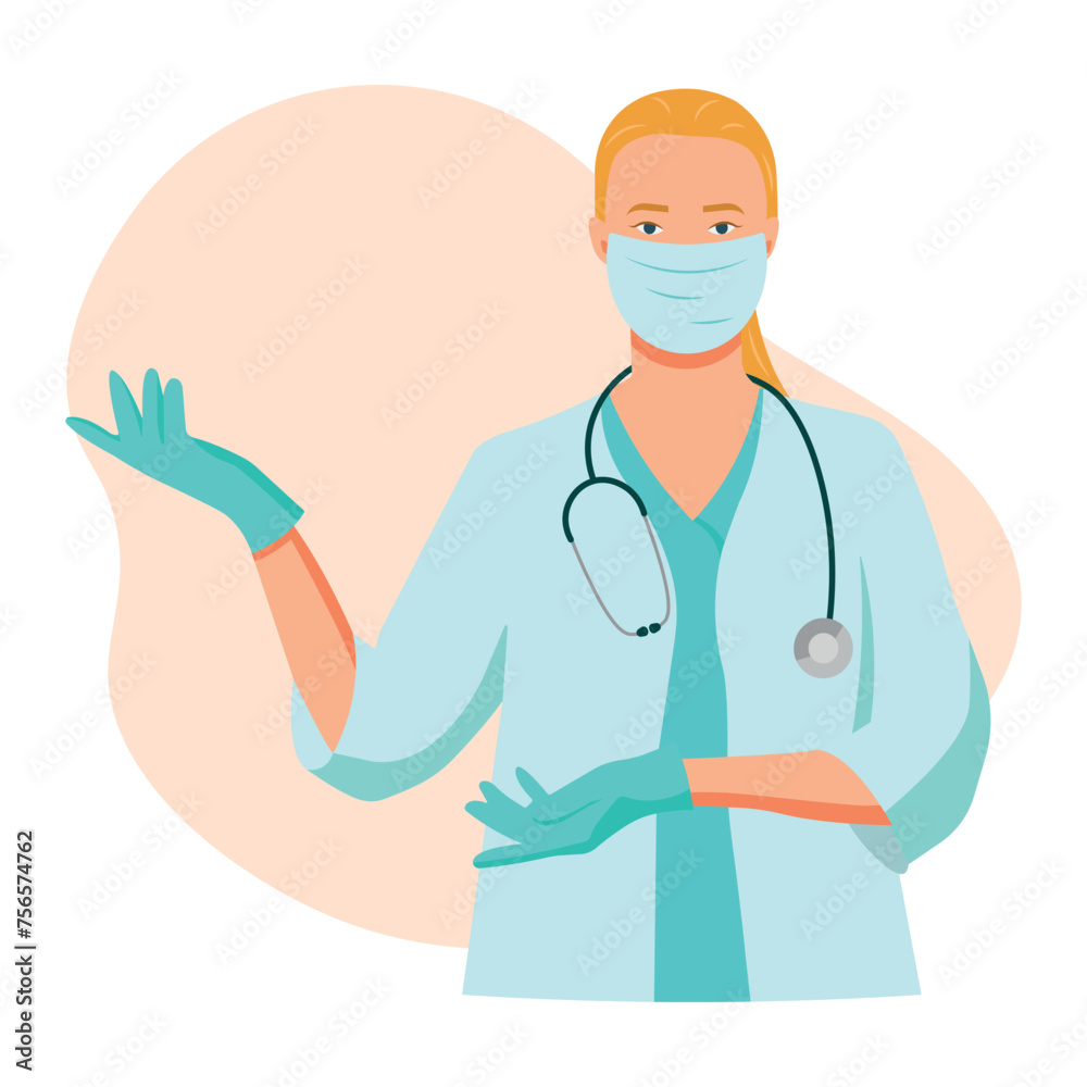 Fototapeta premium A girl doctor in a mask with a stethoscope points to safety equipment. Doctor's call for safety, let's be healthy. Doctor character in flat style. 