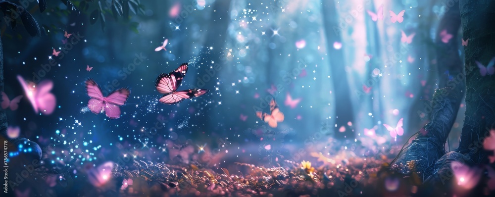 A dreamlike scene of a magical forest with glowing mushrooms and fairies