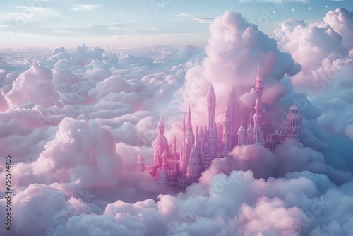 A city in the clouds made entirely of cotton candy