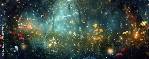 A dreamlike scene of a magical forest with glowing mushrooms and fairies © Shutter2U