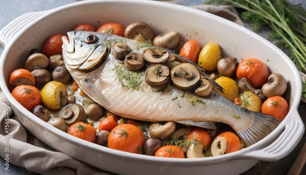 Fish baked with vegetables and mushrooms