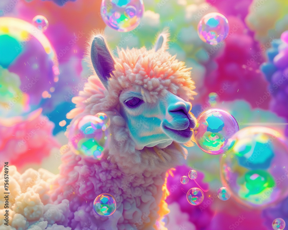 Alpaca with translucent wool, surrounded by floating rainbow bubbles in a digital dream universe