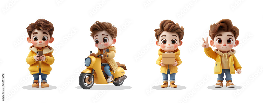 Fototapeta premium Set of Cute Boy Delivery cartoon 3D illustration, Shopping and Happy
