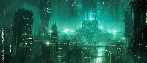 A uturistic city with glowing