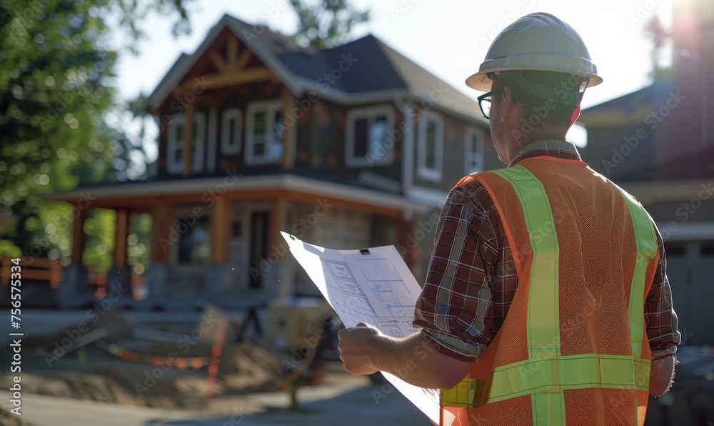 A construction engineer wearing a helmet and safety vest, inspecting blueprints while standing in front of a partially built house