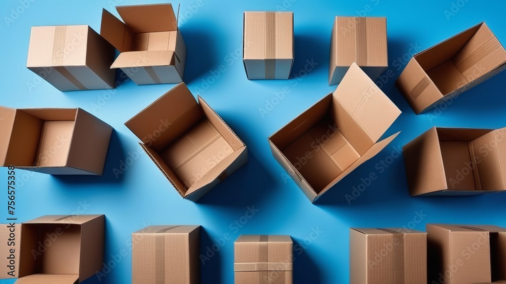 Lots of cardboard craft boxes for moving and packing on a blue background