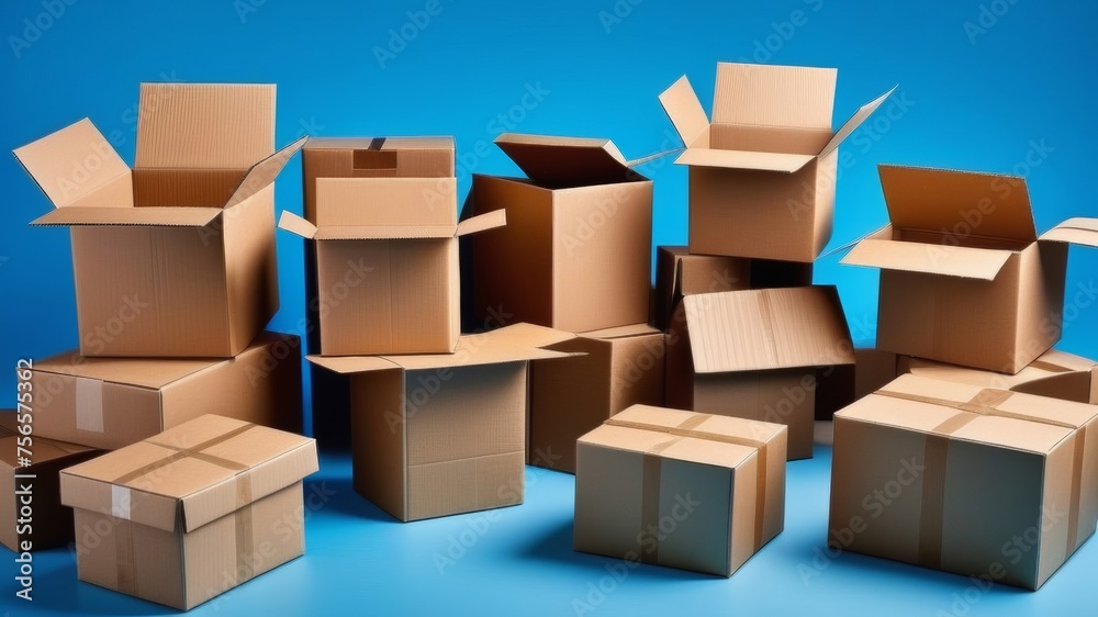 Lots of cardboard craft boxes for moving and packing on a blue background Lots of cardboard craft boxes for moving and packing on a blue background