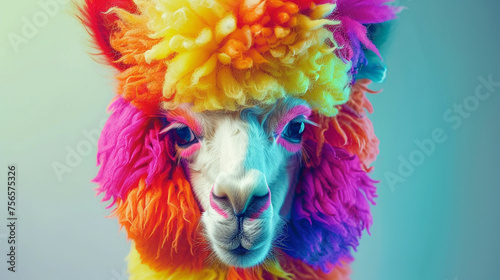 King of alpacas, clown on the head , skin make of rainbow , protrait , hyper-realistic, shot on , EOF , 1/1000 , F/2.5 ,White balance 5.5k