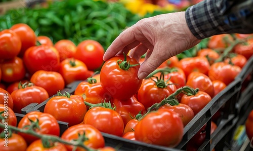 A person examining ripe tomatoes in the produce section