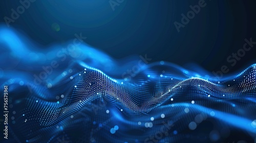 Abstract blue tech background with digital waves, dynamic network system, artificial neural connections