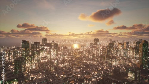 A soothing picture of morning clouds passing over a technological city.
