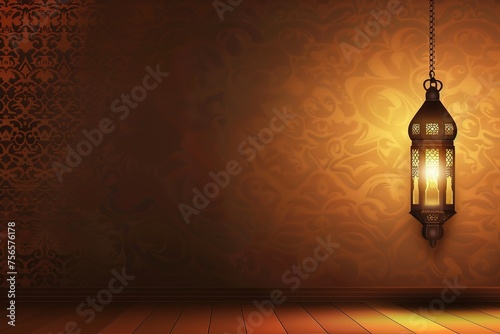 Brown flat Islamic background with islamic lamp , lantern hanging from a wall in a room with a wooden floor © Rayhanbp