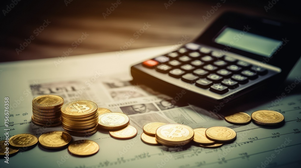 Finance and investment background. Coins and calculator with financial graph growth of inflation and interest rate. Finance and investment background. Coins and calculator with financial graph growth of inflation and interest rate.