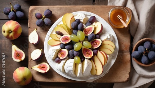 Home made ricotta cheese served with fresh fruit figs, nectarines, grapes and pears decorated with honey