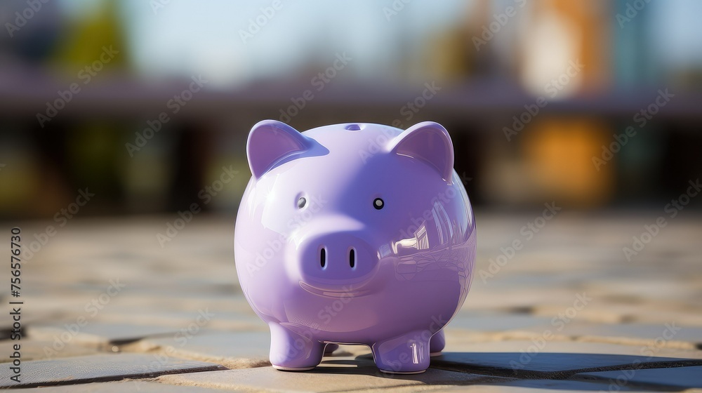 Fototapeta premium Purple piggy bank with copy space.