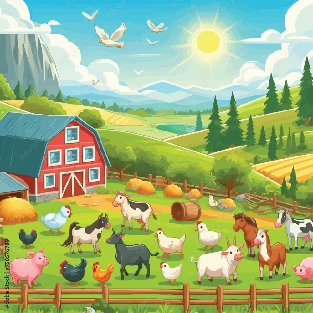 Fototapeta premium Landscape with farm animals vector illustration