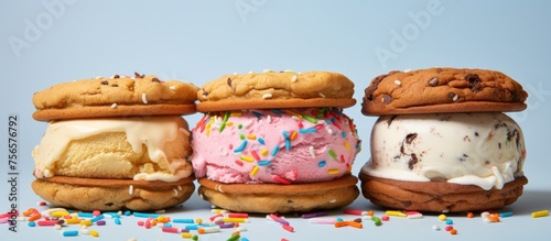 Three delicious ice cream sandwiches are displayed on a table, tempting anyone with a sweet tooth. This fast food treat is a popular dessert at events and a favorite junk food indulgence