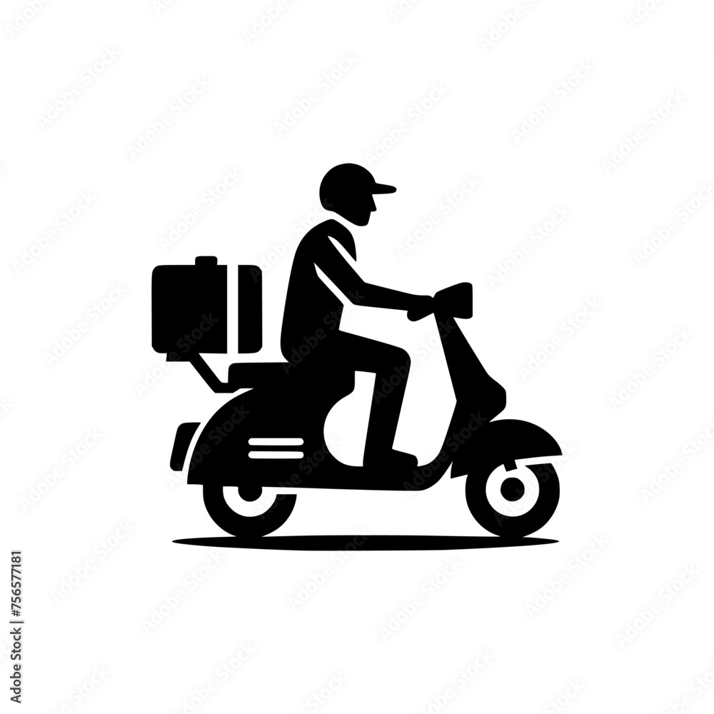 Vector icon of a delivery scooter. black silhouette of a man riding delivery scooter. Vector icon of a delivery scooter. black silhouette of a man riding delivery scooter.