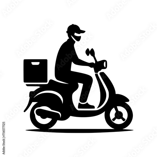 Vector icon of a delivery scooter. black silhouette of a man riding delivery scooter.