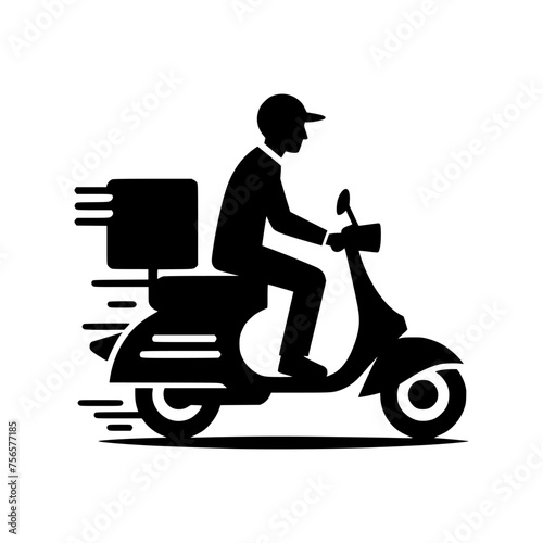 Vector icon of a delivery scooter. black silhouette of a man riding delivery scooter.