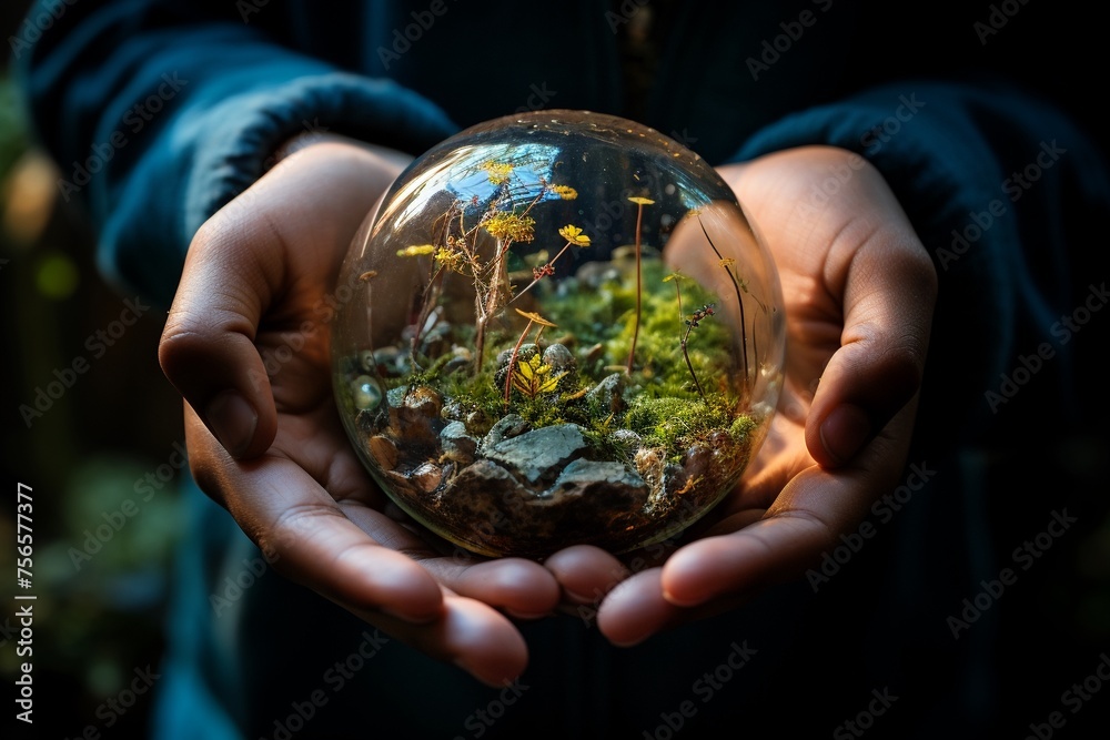 Human hands cradle a delicate glass sphere containing a miniature, vibrant ecosystem, symbolizing environmental care and protection.
