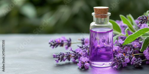 Lavender essential oil in dark glass transparent bottle and fresh organic lavender flowers on background. Aromatherapy herbal treatment beauty treatment serum natural face and body care