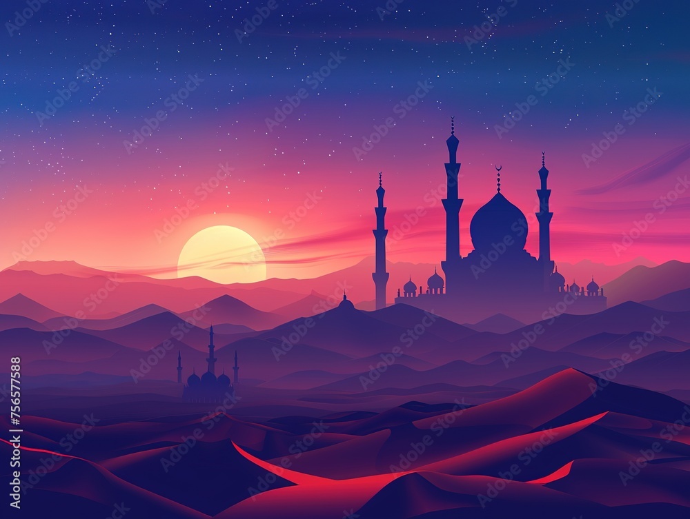 Focus on distant mountains vecto sunset over desert with muslim mosque in the foreground copy space for text 
