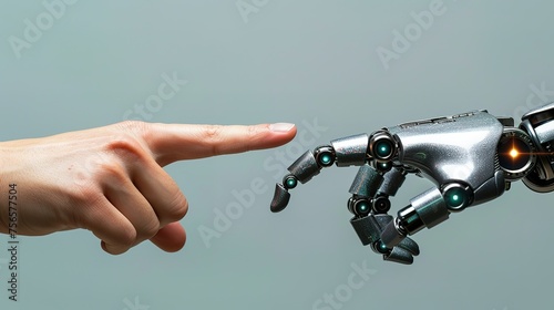 Robot and human hand touching , Machine learning, Hands of robot and human touching on big data network connection