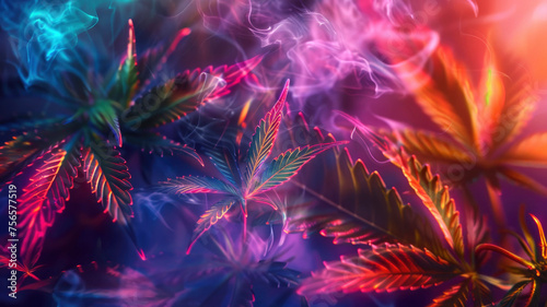 Colorful cannabis weed leaves on neon glow and smoke background