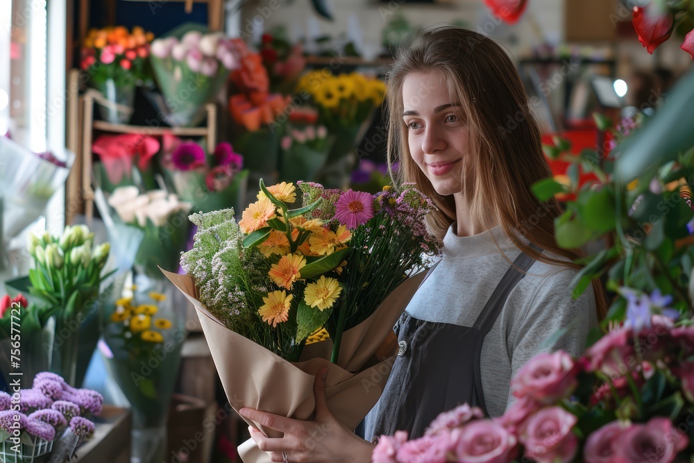 Positive shot of woman in flower shop store making flower bouquet, cheerful owner of shop is waiting for clients Positive shot of woman in flower shop store making flower bouquet, cheerful owner of shop is waiting for clients