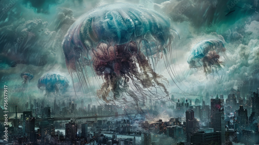 a giant jellyfish enveloping the sky over a desolate future cityscape, futuristic alien - obrazy, fototapety, plakaty 