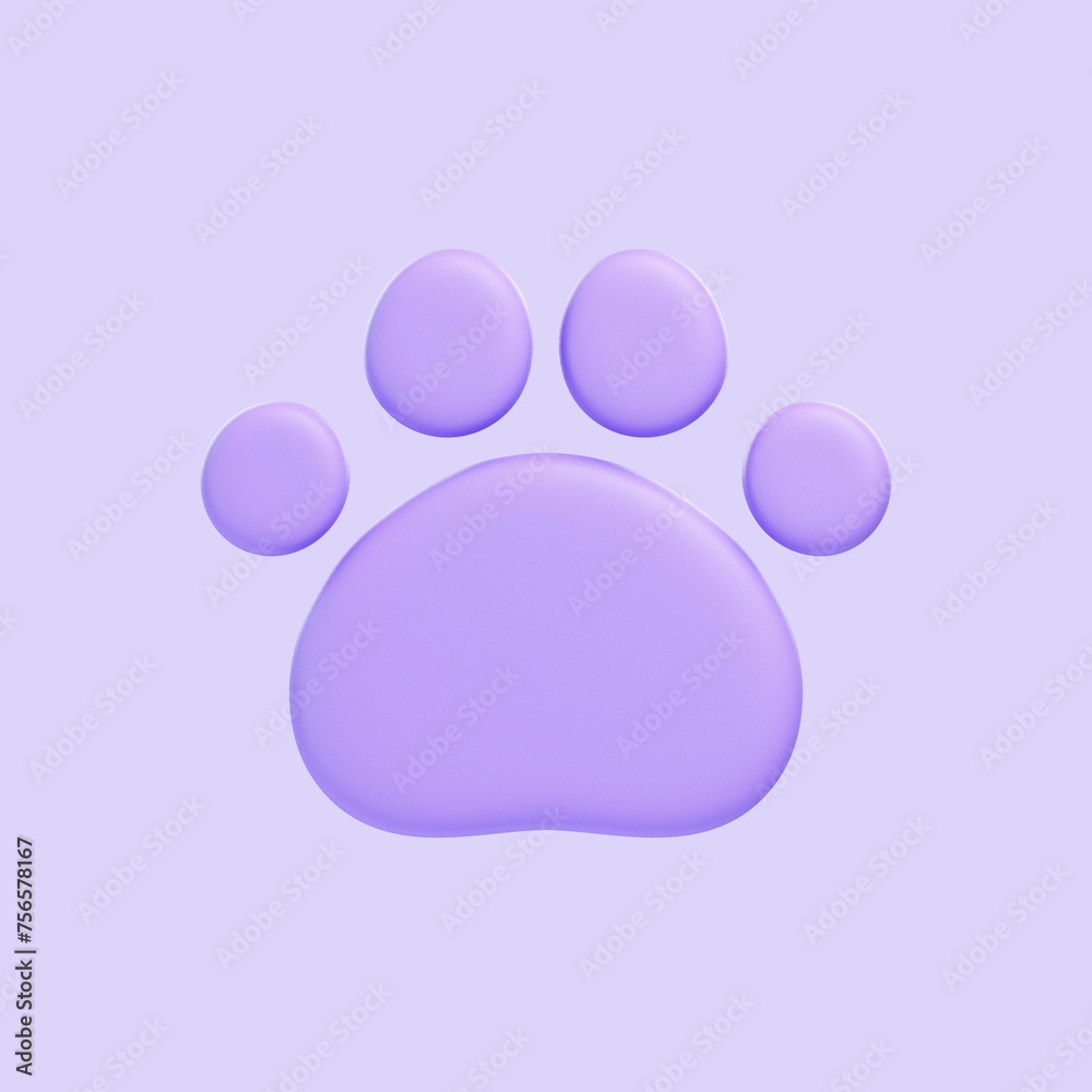 Simplified purple paw print with a soft gradient on a clean background. Icon, sign and symbol. Front view. 3D Render illustration