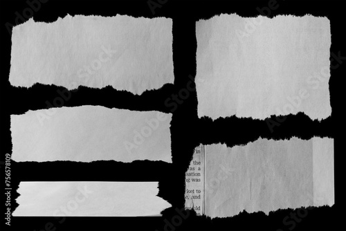 Five pieces of torn paper on black background