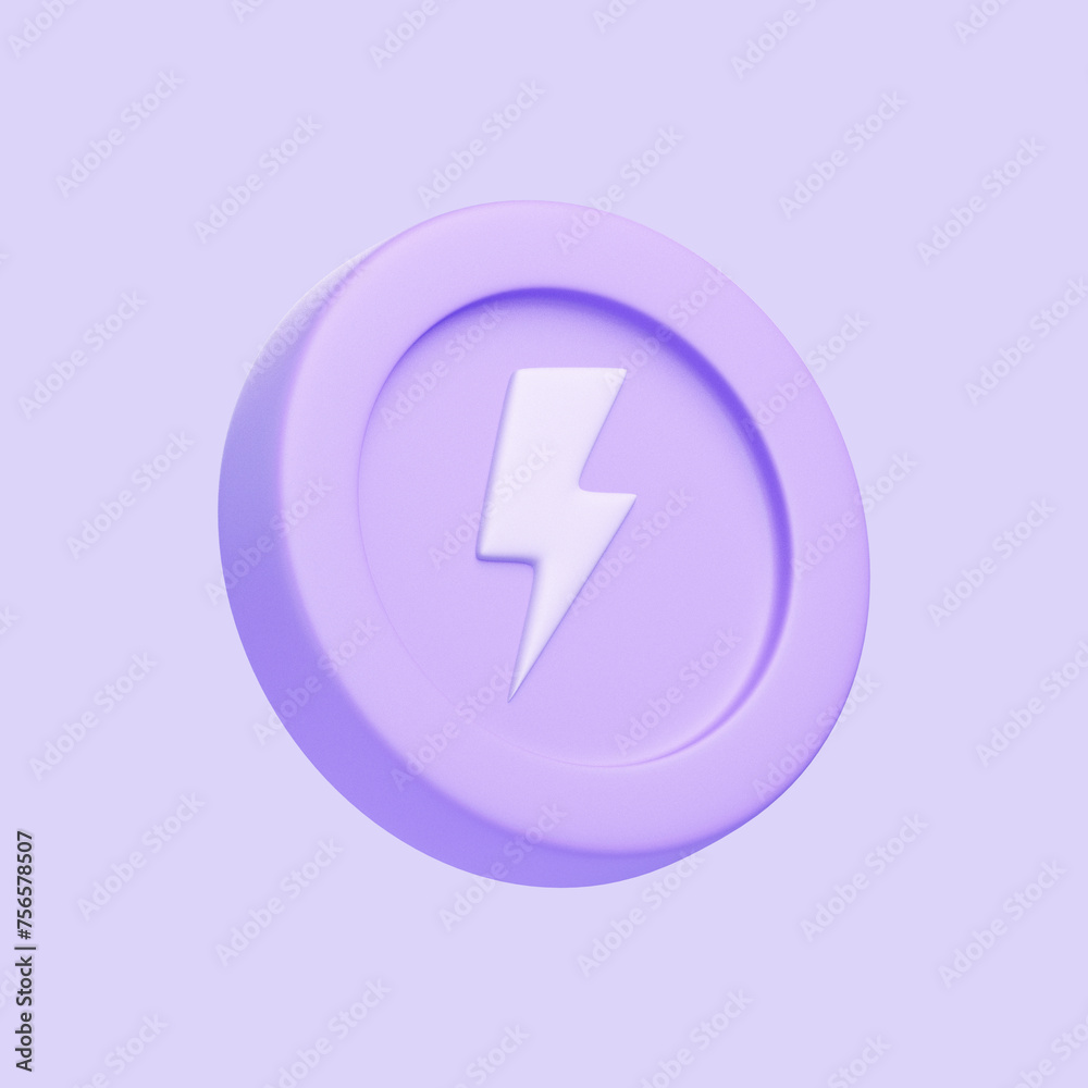 Coin with lightning bolt isolated on purple background. 3D icon, sign and symbol. Cartoon minimal style. Side view. 3D Render Illustration Coin with lightning bolt isolated on purple background. 3D icon, sign and symbol. Cartoon minimal style. Side view. 3D Render Illustration