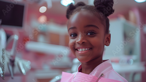 Smiling young afro american girl at dentist. Pediatric dental care. Healthy teeth concept for banner, healthcare brochure, and pediatric education