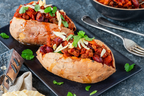Baked sweet potato with meatless quorn chilli photo