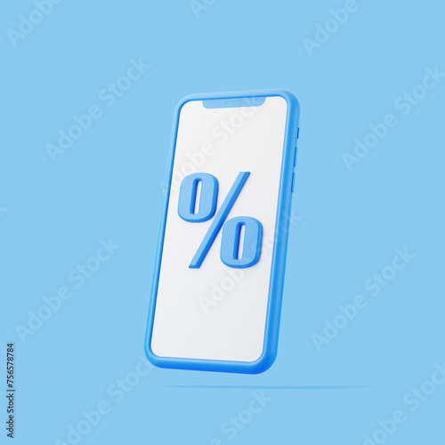 Contemporary smartphone with a large blue percentage symbol on the screen, set against a matching blue background. 3D render illustration