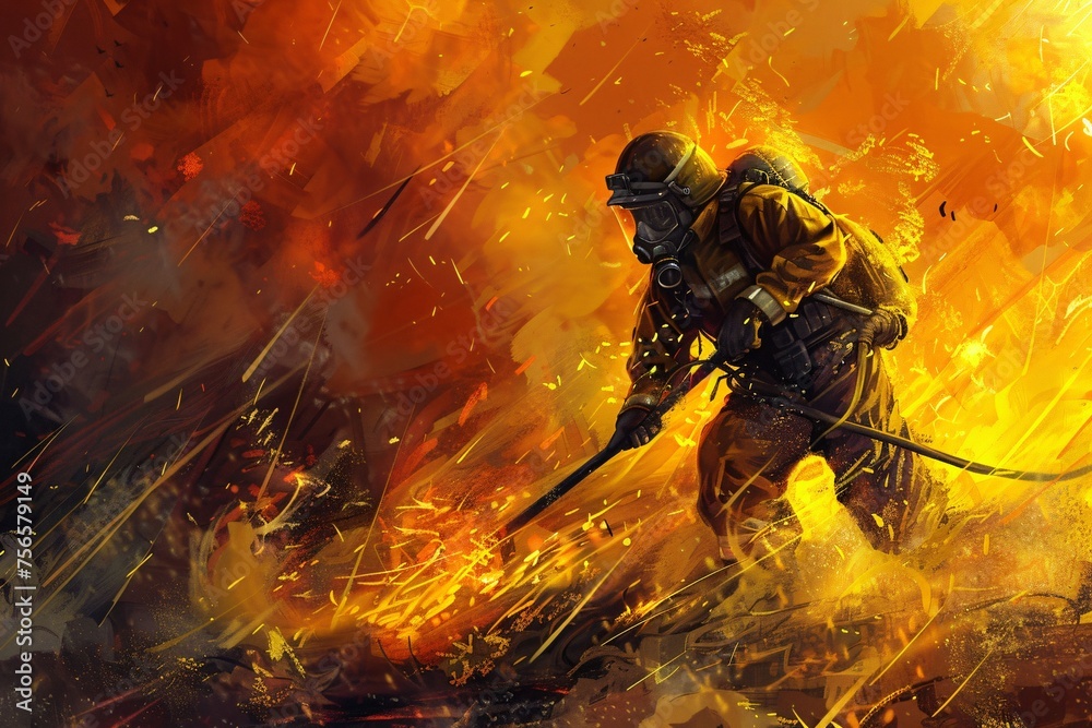 Firefighter battling a raging inferno courage personified amidst the flames and smoke Firefighter battling a raging inferno courage personified amidst the flames and smoke
