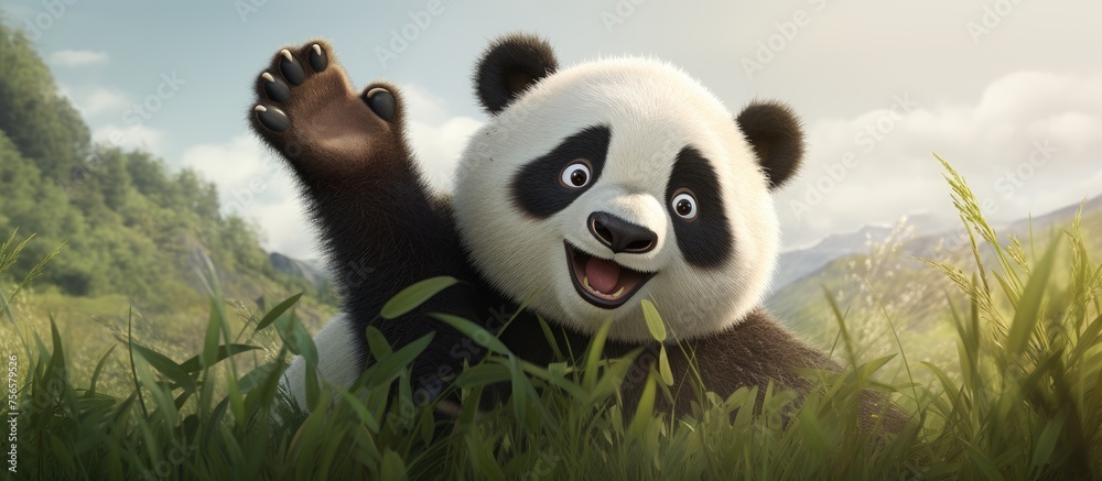 Obraz premium A terrestrial animal, the panda bear, with its carnivorous snout, is playfully waving in the grass. Its natural material toy mimics its organism