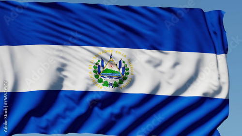 Close-up of the national flag of El Salvador flutters in the wind on a sunny day photo