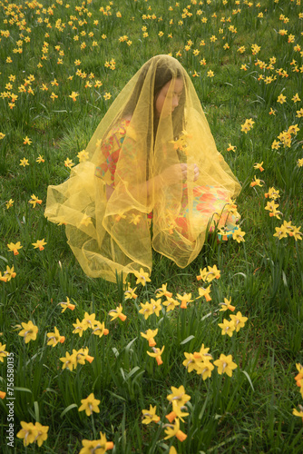 art portrait of girl sitting in field of yellow daffodil flowers covered by thin fabric