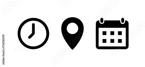 Address, date, time icon set .Event elements isolated on transparent background. calendar, location, clock. vector logos